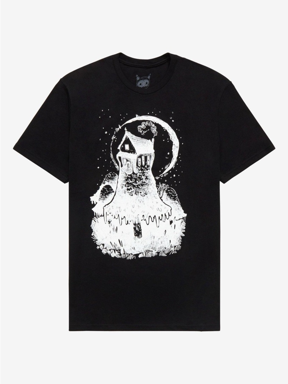 Hot Topic Black Short Sleeve Tee with White Mushroom House Graphic
